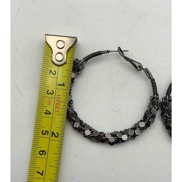 Sparkly Dark Shiny Silver / Grey Textured 2” Hoop Earrings - Picture 3 of 3